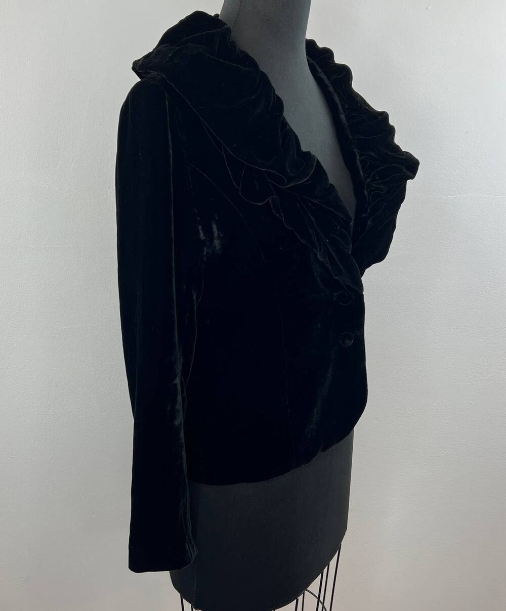 Roberta Freymann Black Silk Blend Ruffle Collar Two Button Velvet Blazer Size S